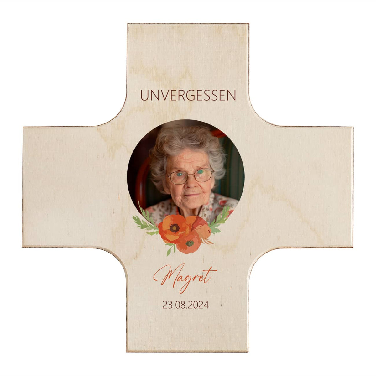 Holzkreuz Trauer mit Wunschfoto, Name und Datum
