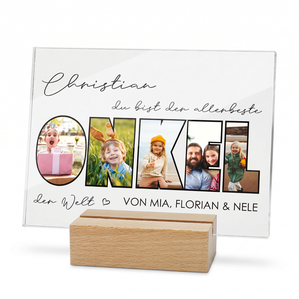 Acrylbild mit Fotos im Schriftzug „ONKEL“ und Holzsockel