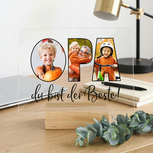 Personalisierbares Acrylbild mit Fotos im Schriftzug „OPA“ als Geschenk für den besten Opa