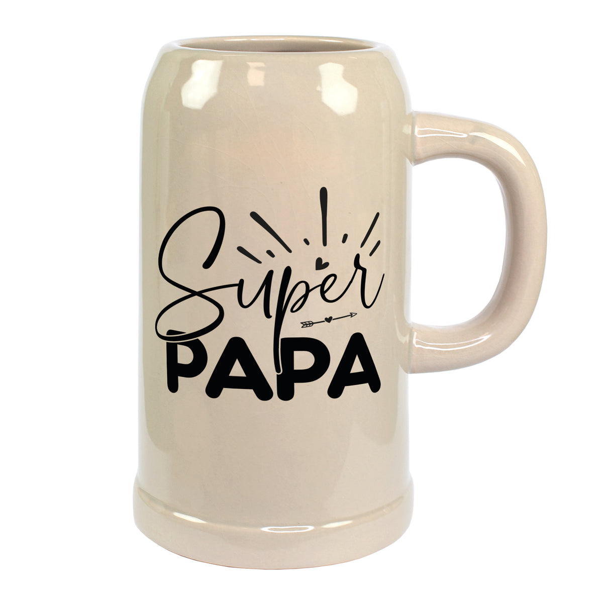 Freigestellter 1-Liter-Bierkrug mit schwarzem „Super Papa“-Schriftzug