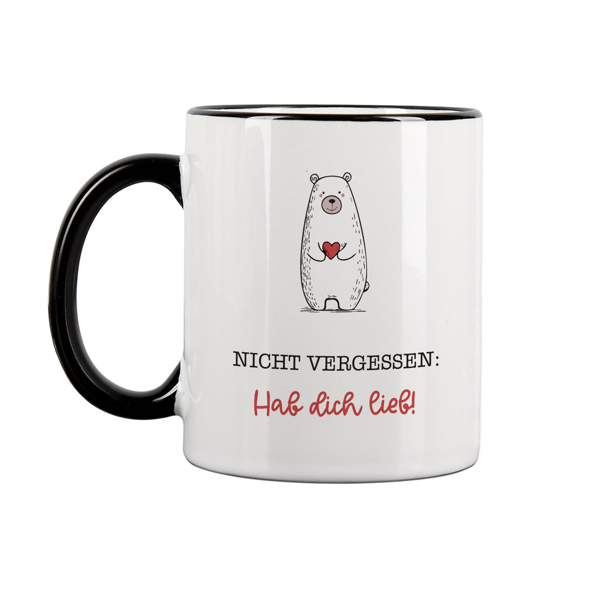 Vorderseite der Bärenmotiv-Tasse mit Spruch „Hab dich lieb“ und schwarzem Henkel vor weißem Hintergrund.