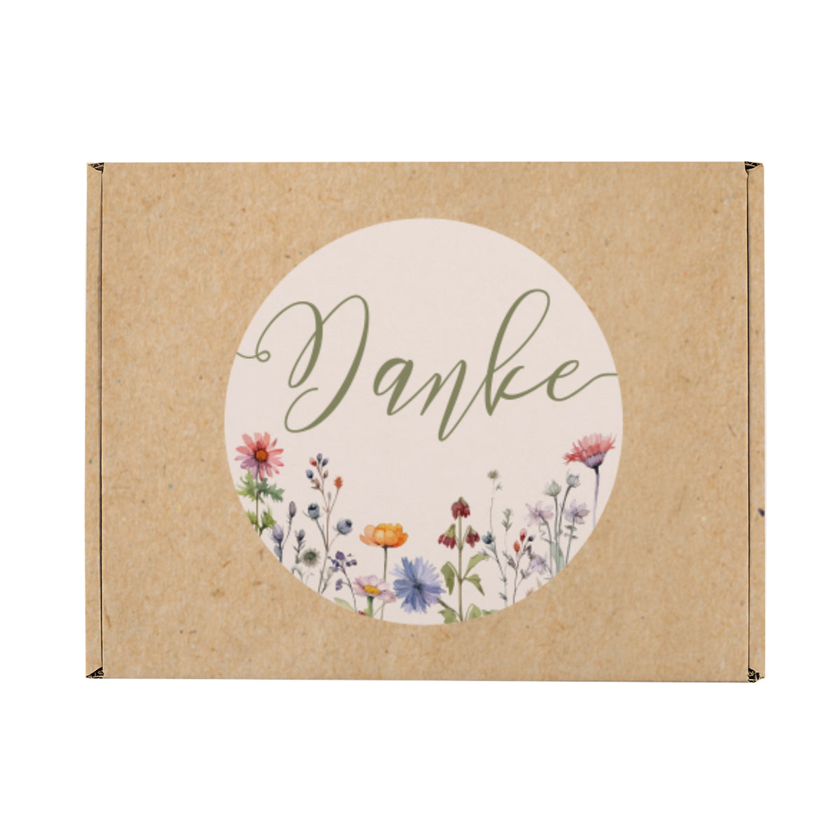 Freigestellte mittelgroße Geschenkbox mit floraler Danke-Bedruckung und naturbraunem Gesamtlook