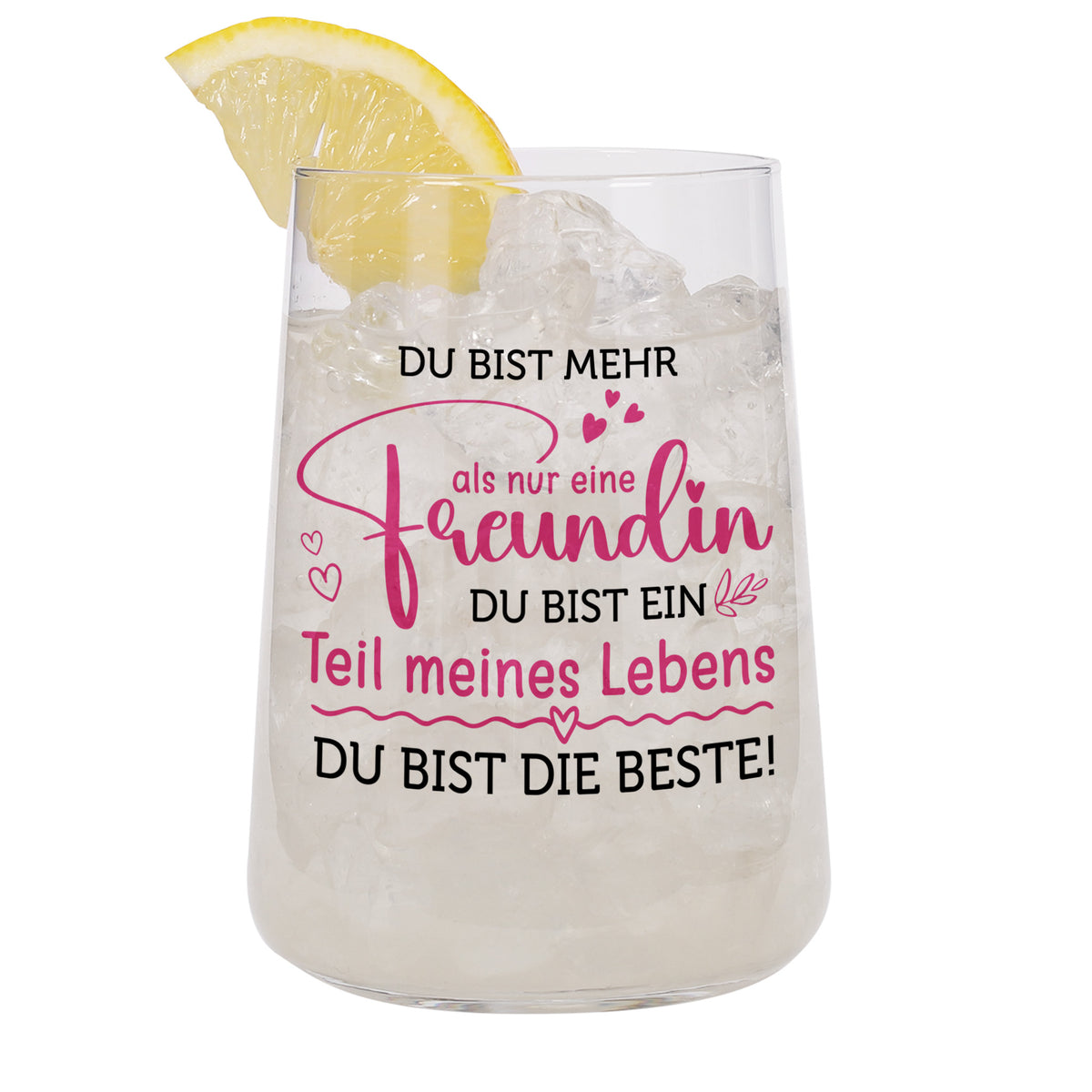 Bedrucktes Trinkglas für die beste Freundin mit Spruch auf weißem Hintergrund als Freisteller