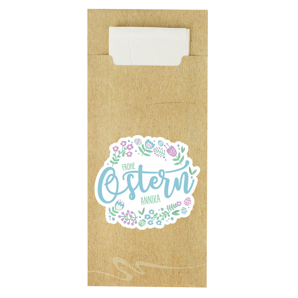 Bestecktasche zu Ostern aus naturbraunem Papier mit Frohe Ostern Motiv und Name Annika