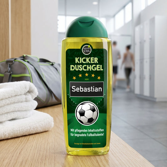 Duschgel für Fußballfans mit Wunschnamen bedruckt