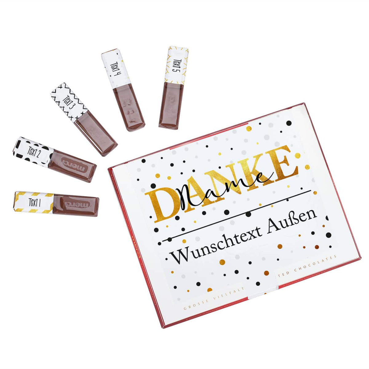 Mit Name, Text für Deckel und 5 verschiedenen Texten für die Praline