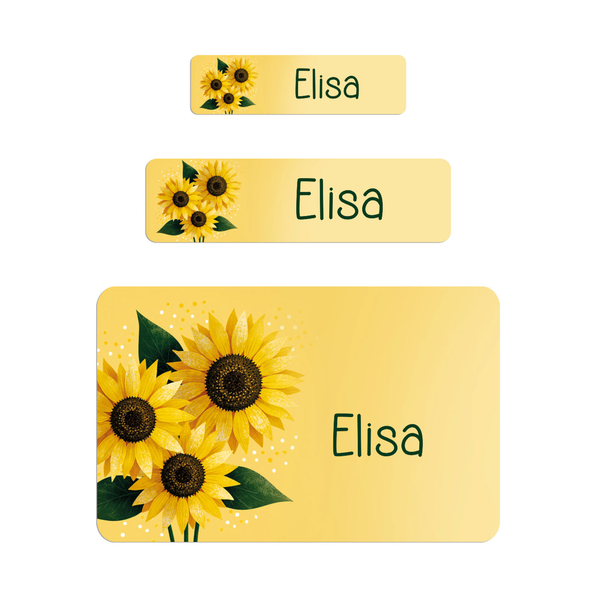 Drei personalisierte Namensaufkleber mit Name Elisa und Sonnenblumen-Motiv in verschiedenen Größen