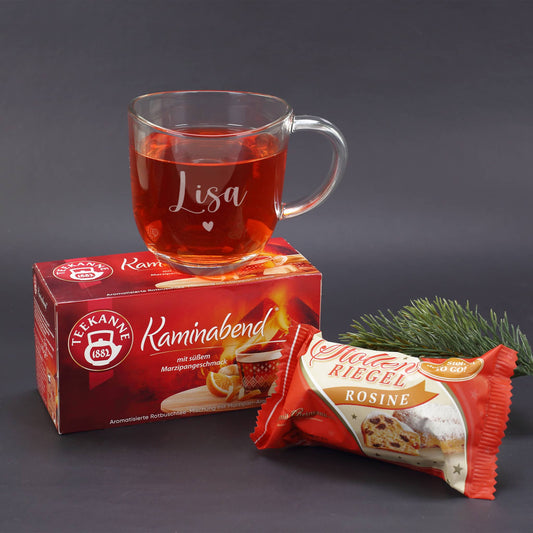 Teeglas mit Namensgravur, Tee Kaminabend & Stollenriegel