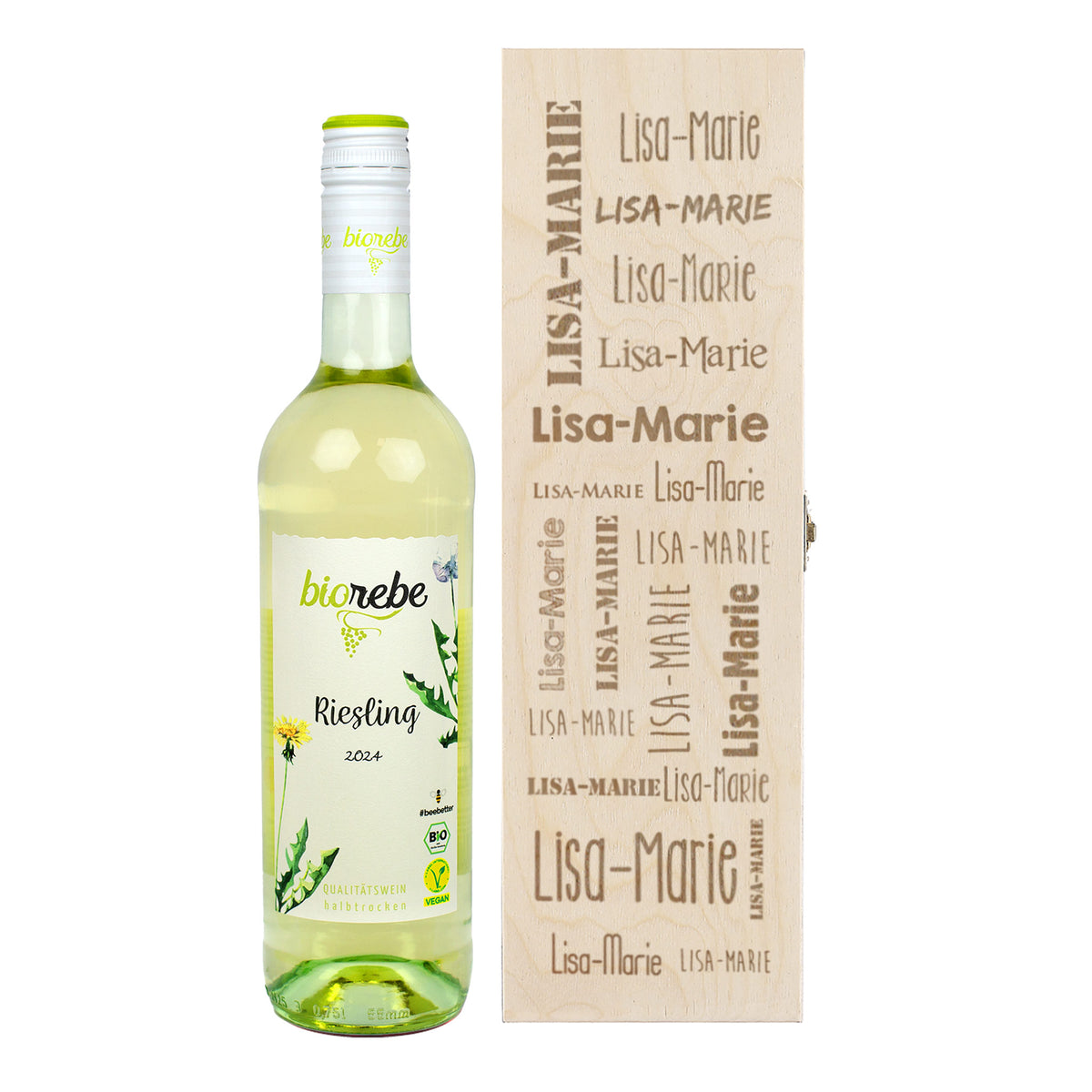 Biorebe Wein in gravierter Holzbox mit Ihrem Wunschnamen | Bienenfreundlich, Nachhaltig, Vegan
