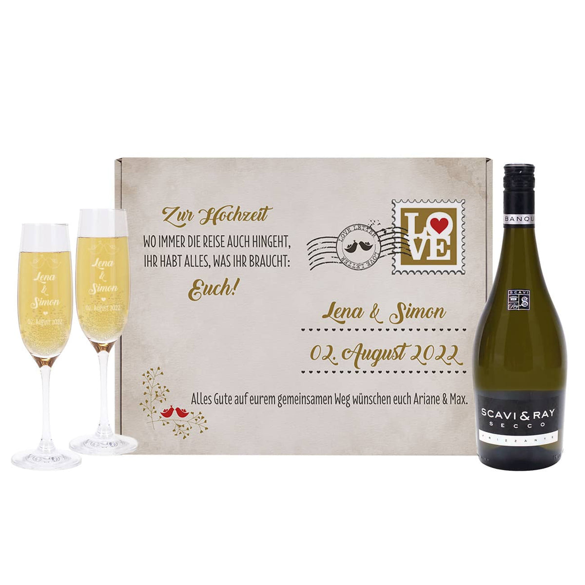 Gravierte Sektgläser mit Secco in romantischer Geschenkverpackung