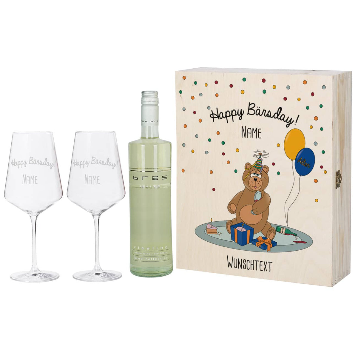 Weißwein-Geschenkset zum Geburtstag mit personalisierbarer Holzbox mit Partybärchen und zwei gravierten Weingläsern