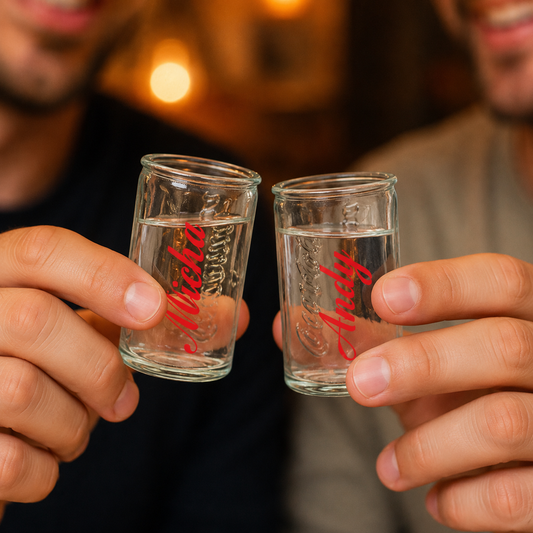 Zwei personalisierte Coca-Cola Shotgläser mit Namen Micha und Andy beim Anstoßen
