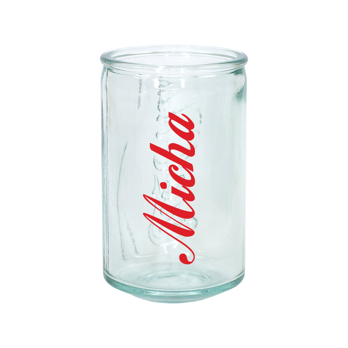 Freigestelltes personalisiertes Coca-Cola Shotglas mit rotem Namen Micha und geprägtem Schriftzug