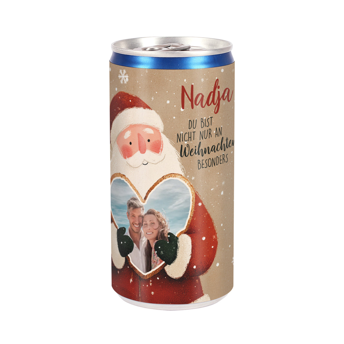 Secco-Dose mit Weihnachtsmann, Herzrahmen und Foto eines Paares, personalisiert mit Name „Nadja“ und Spruch „Du bist nicht nur an Weihnachten besonders“.
