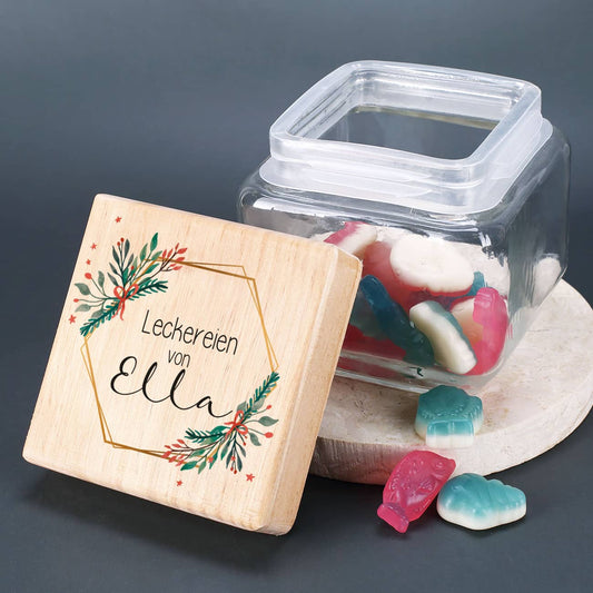Weihnachtlich bedrucktes Vorratsglas mit Personalisierung