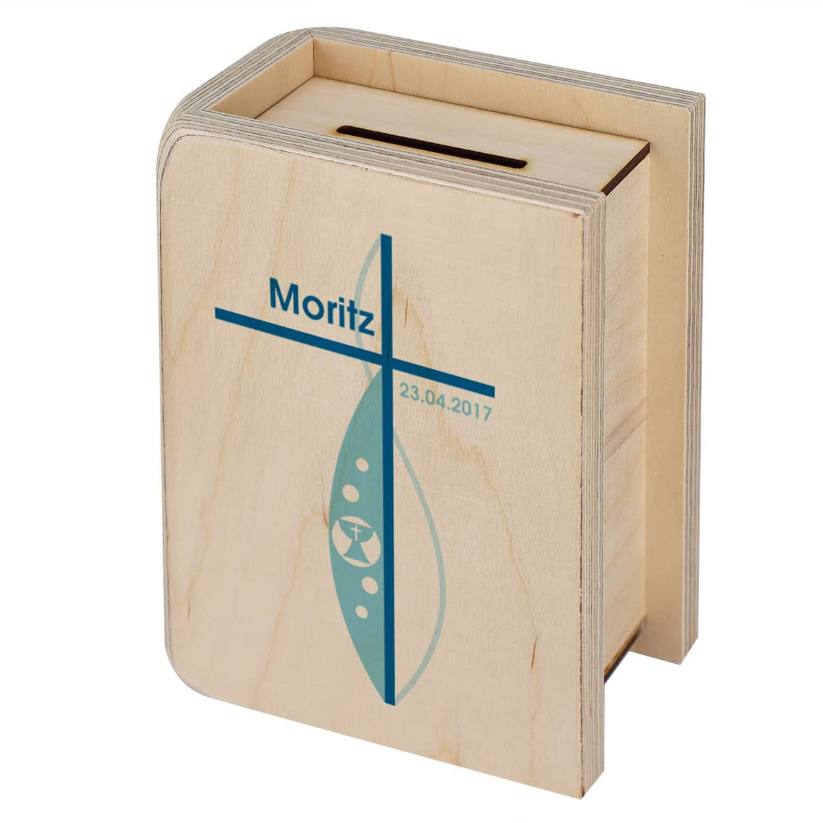 Spardose aus Holz mit Namensaufdruck und Datum