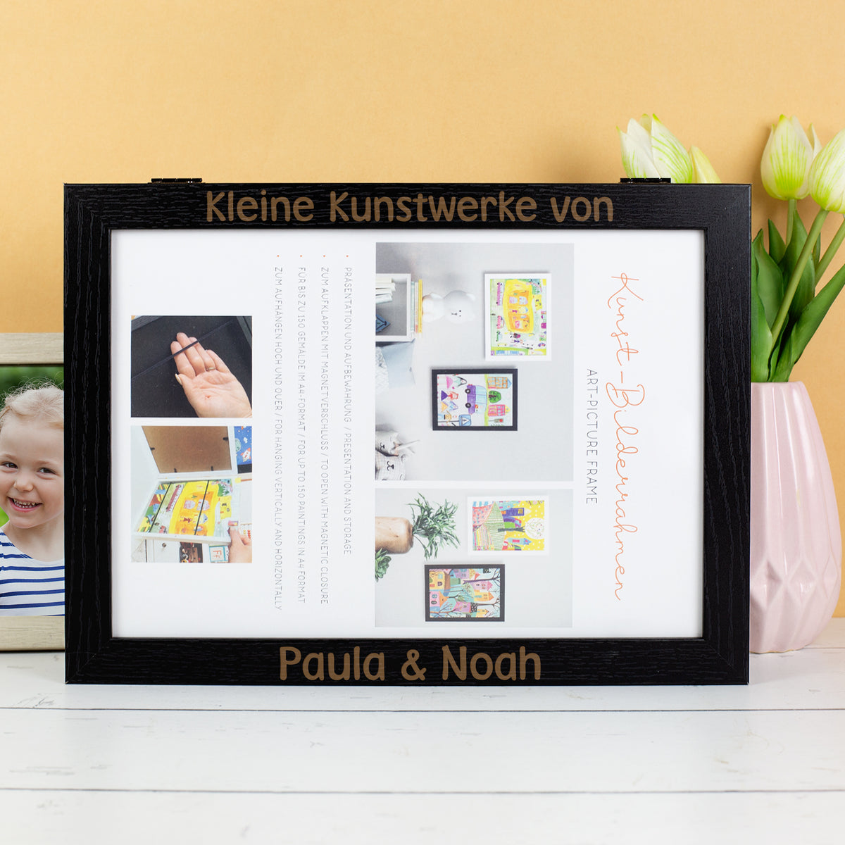 Personalisierter Bilderrahmen Schwarz mit Aufbewahrungsfach DIN A4 | Kinderbilder Rahmen als Geschenk