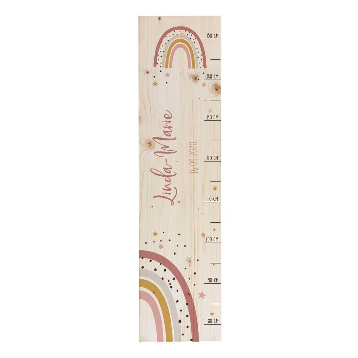 Messlatte aus Holz mit Regenbogen Motiv mit Name und Datum