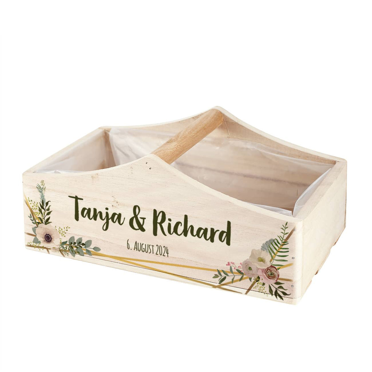 Geschenkkorb zur Hochzeit mit Namen, Datum & Blüten