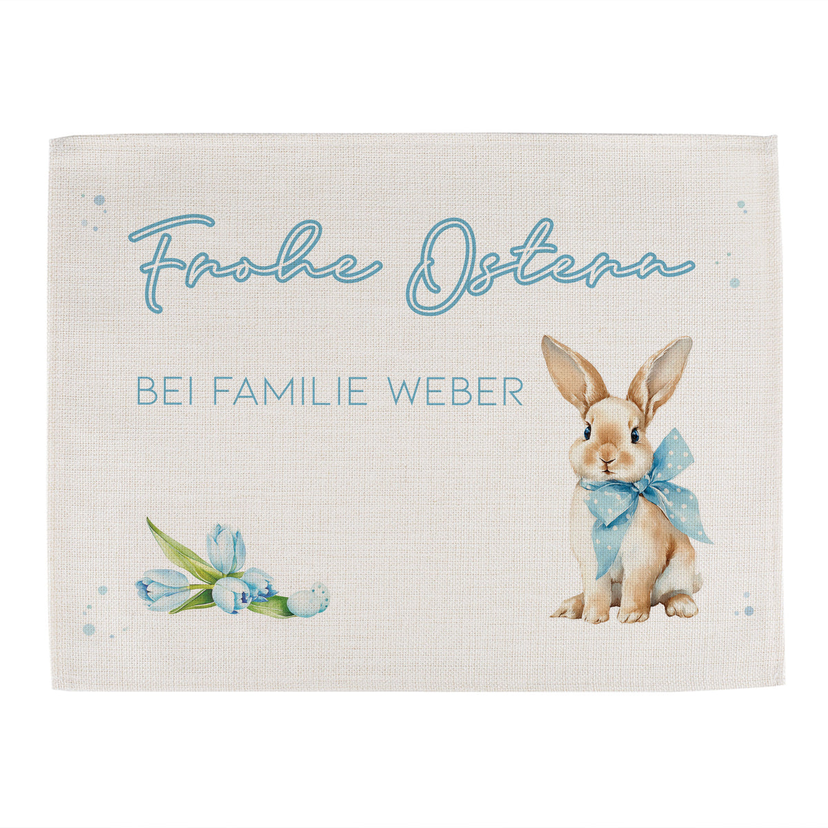 Freigestelltes Jute Tischset zu Ostern mit Schriftzug Frohe Ostern, Hasenmotiv und personalisiertem Wunschtext