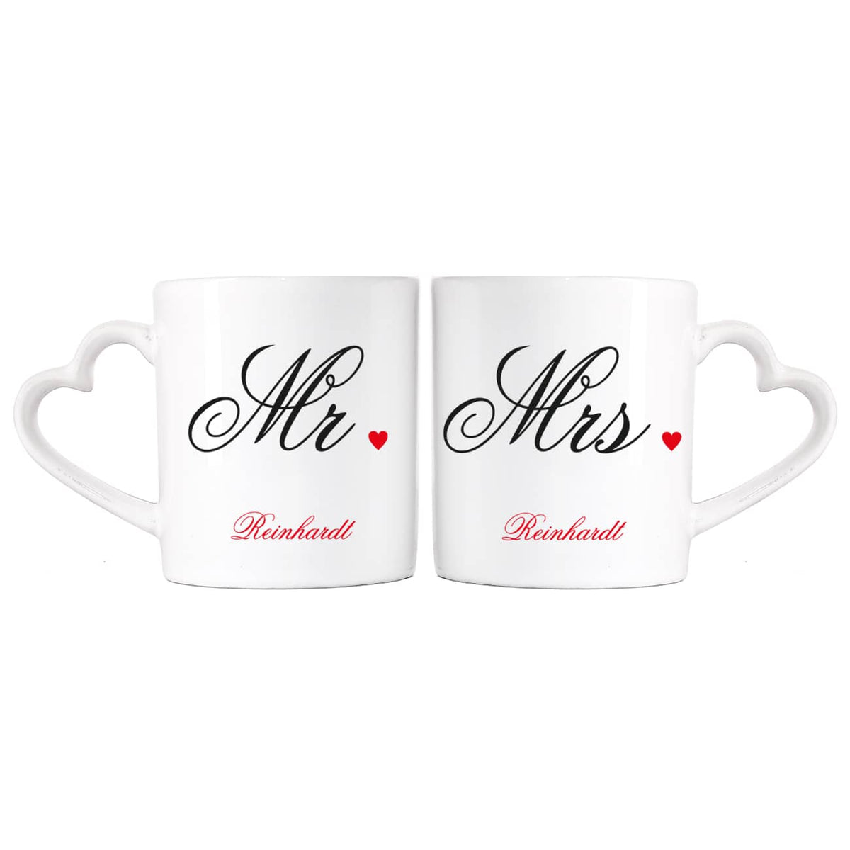 Paartasse mit Mr. und Mrs. Motiv und Herzhenkel