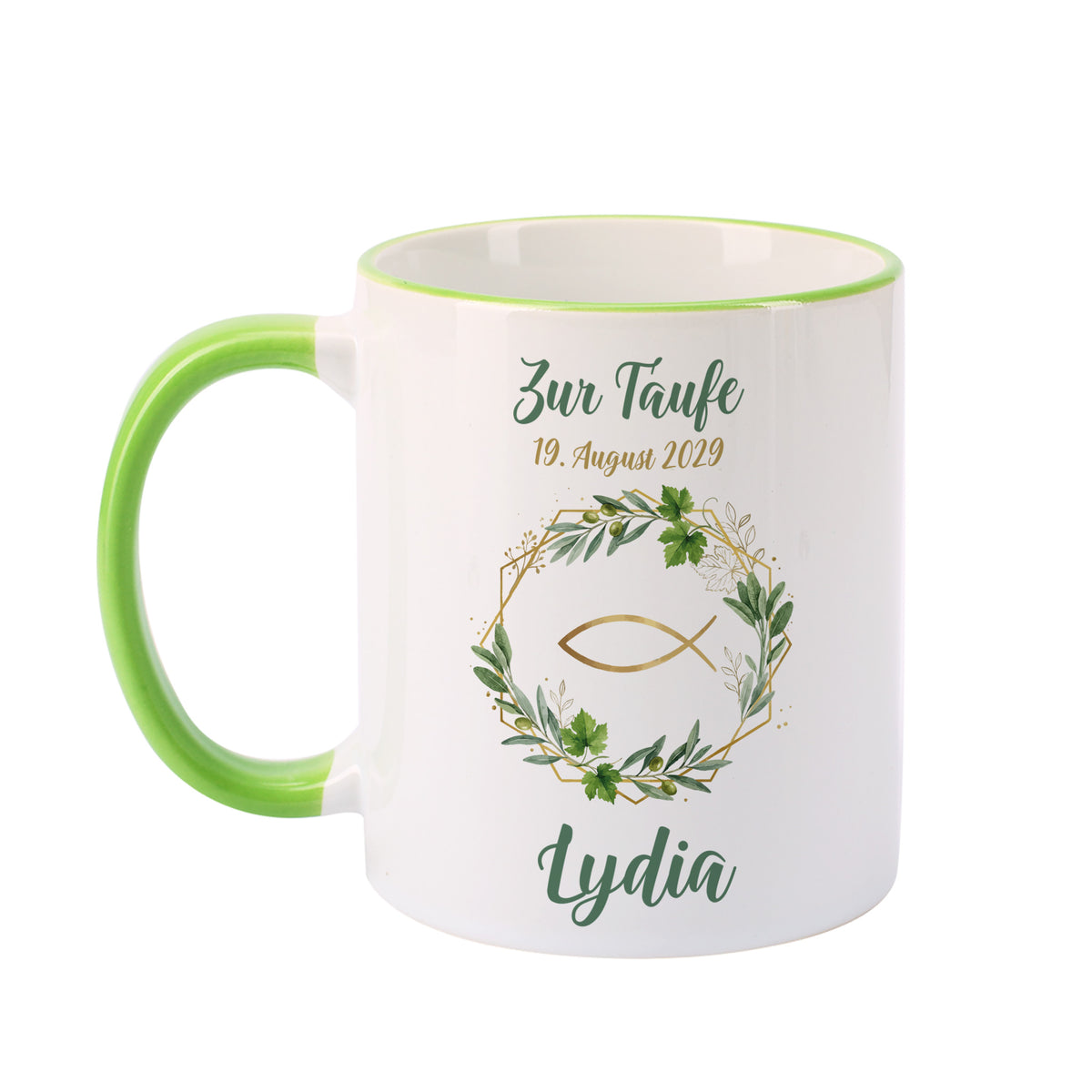 Personalisierte Tasse zur Taufe mit Ichthys-Fisch und Eukalyptus, grüner Rand und Henkel, bedruckt mit Anlass, Datum und Name „Lydia“