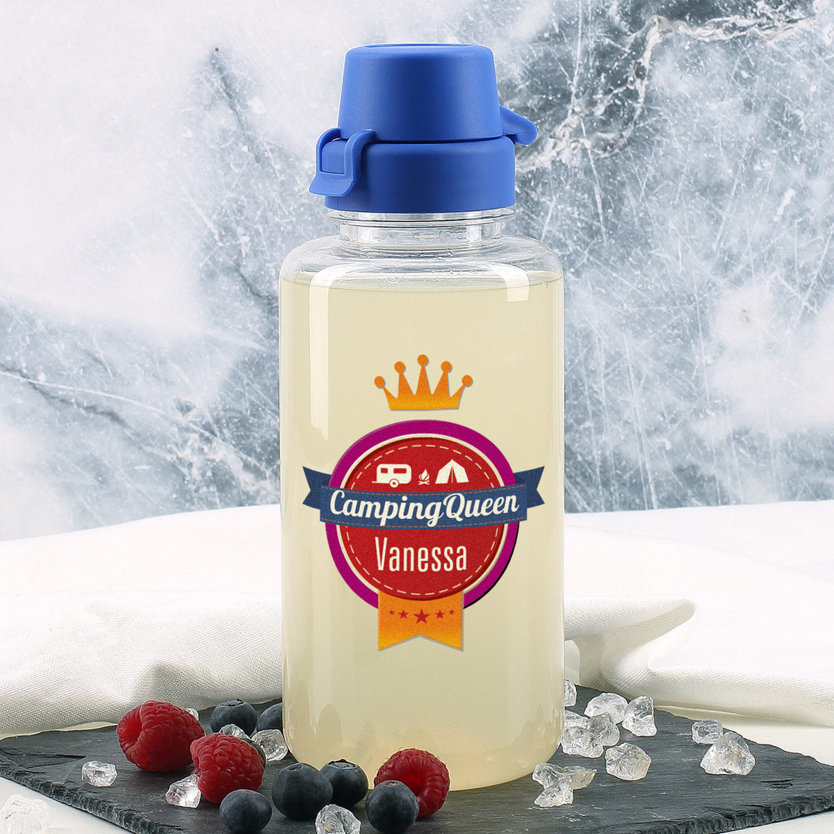 Camping Queen - transparente Trinkflasche mit Name personalisiert 0,7 L