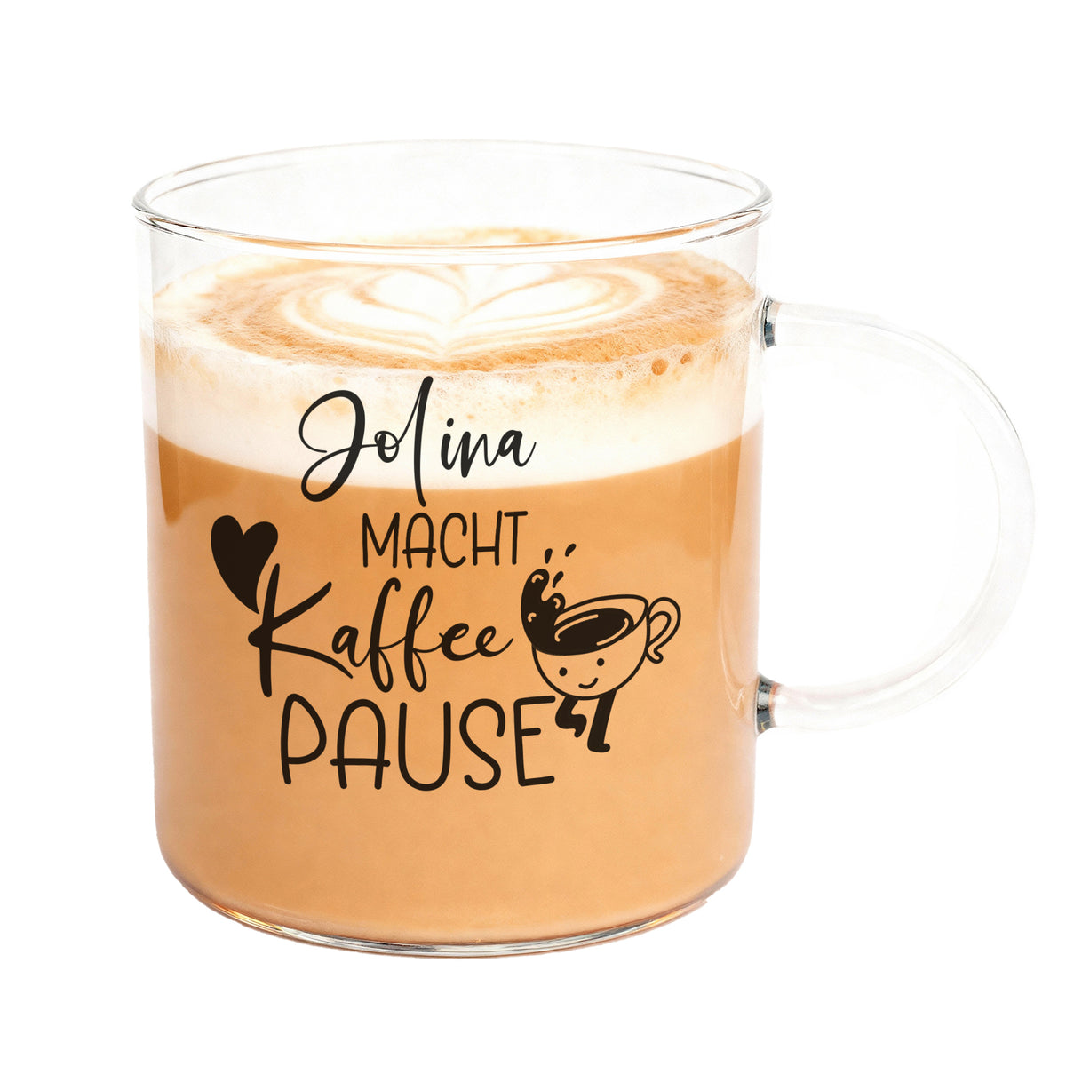 Freisteller der personalisierten Kaffeetasse aus Leonardo-Glas mit Spruch „macht Kaffeepause“ und Name