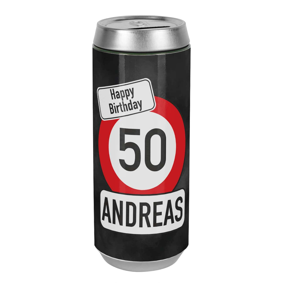 Spardose mit Verkehrszeichen im Bierdosendesign
