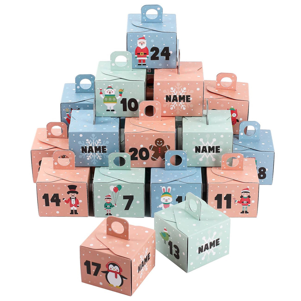 Adventskalender aus 24 Schachteln mit buntem Kindermotiv und Wunschname