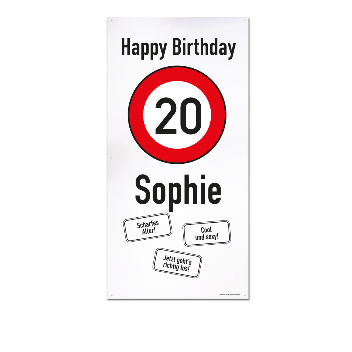 XXL-Banner zum 20. Geburtstag im Hochformat personalisiert mit Name | Verkehrszeichen Motiv