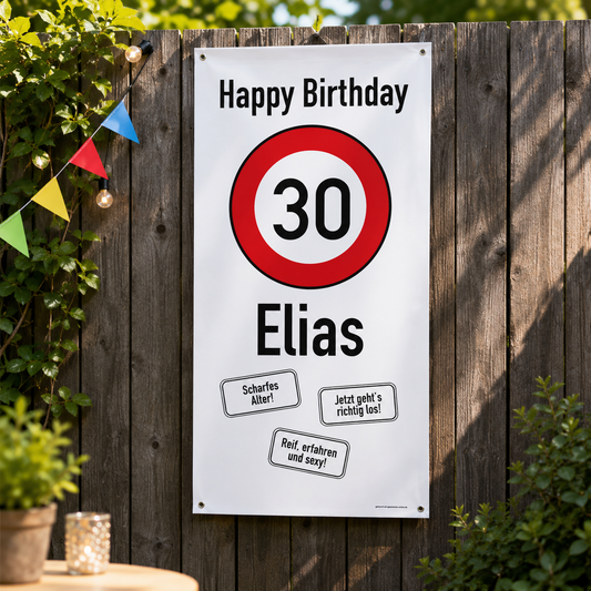 XXL-Banner - zum 30. Geburtstag im Hochformat personalisiert mit Name | Verkehrszeichen Motiv