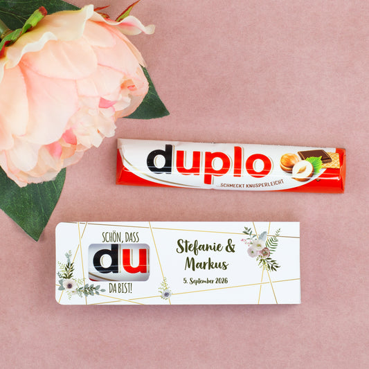 Personalisierter duplo Riegel als Gastgeschenk zur Hochzeit mit Namen & Datum | Schön, dass du da bist!