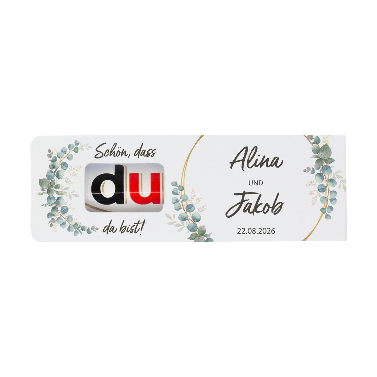 Hochzeitsgastgeschenk mit Eukalyptus Design und Aufschrift Schön dass du da bist