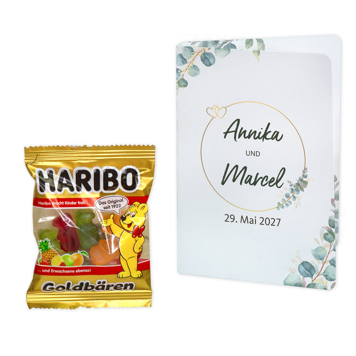 4er Pack Gastgeschenk zur Hochzeit mit Haribo Goldbären und personalisiertem Klappkärtchen freigestellt