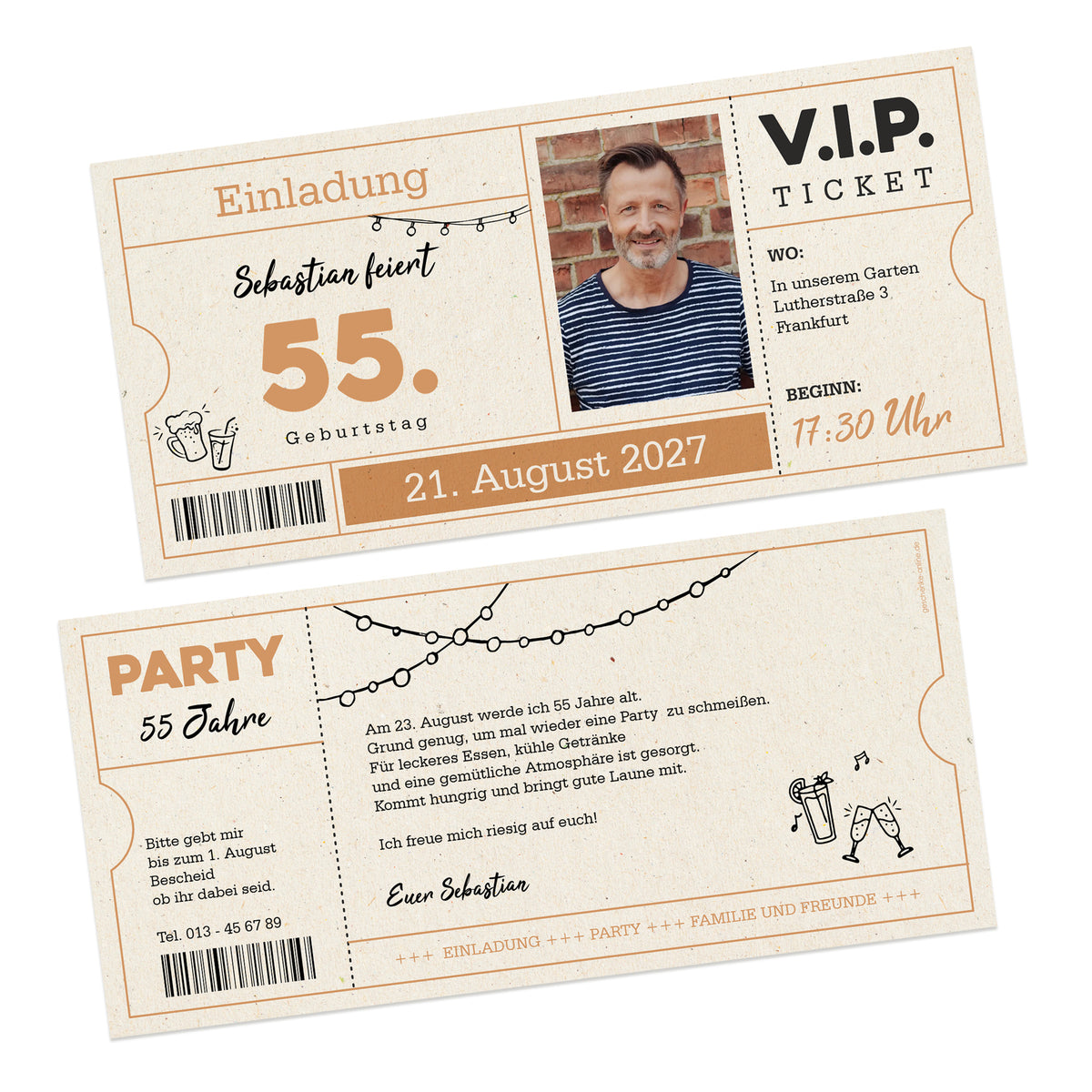 Personalisierte Einladungskarte zum Geburtstag als VIP Ticket mit Foto & Wunschtext | DIN lang Karte