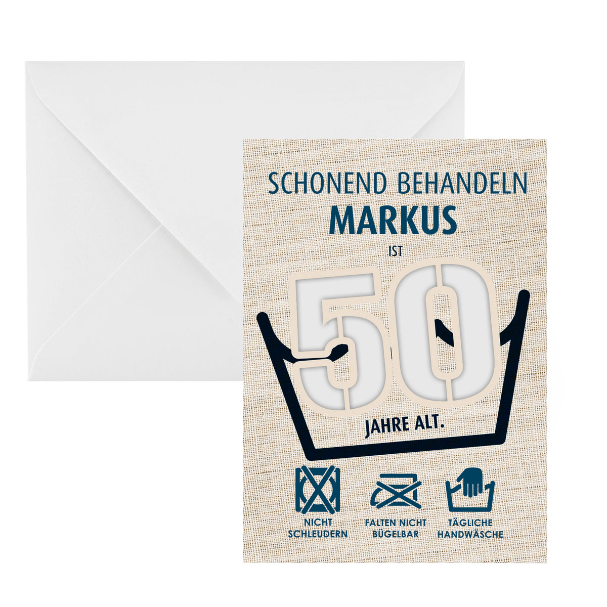 Klappkarte mit Waschsymbol-Design für Geldgeschenk zum 50. Geburtstag, mit Namen "Markus"