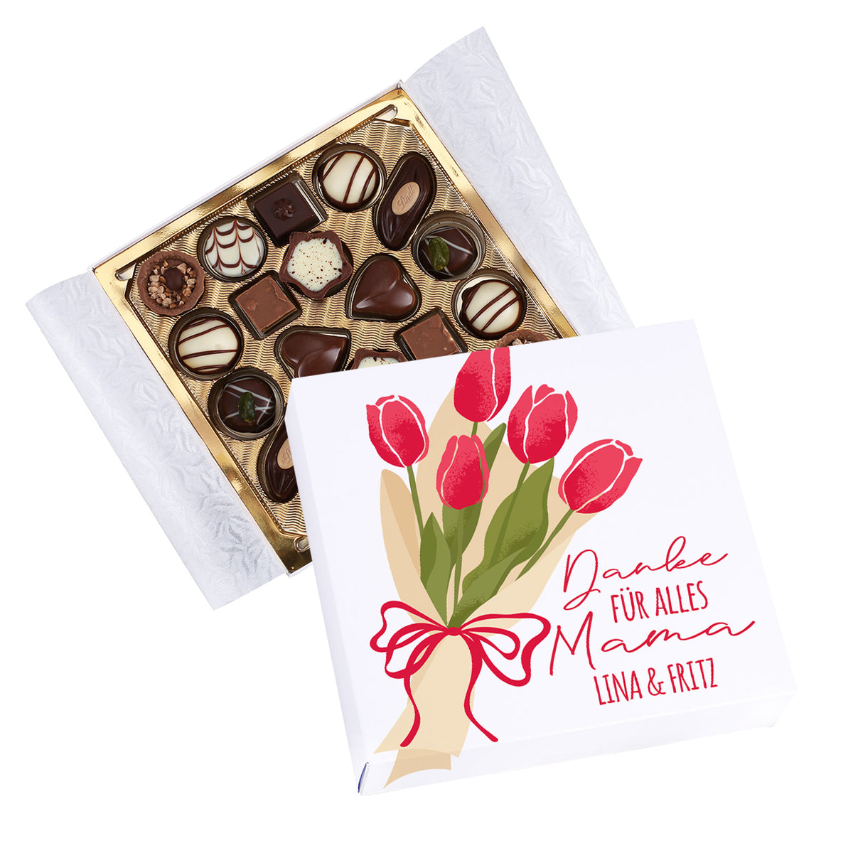 Personalisierte Lindt Pralinen Geschenkbox für Mama mit Tulpenmotiv und individuellem Text