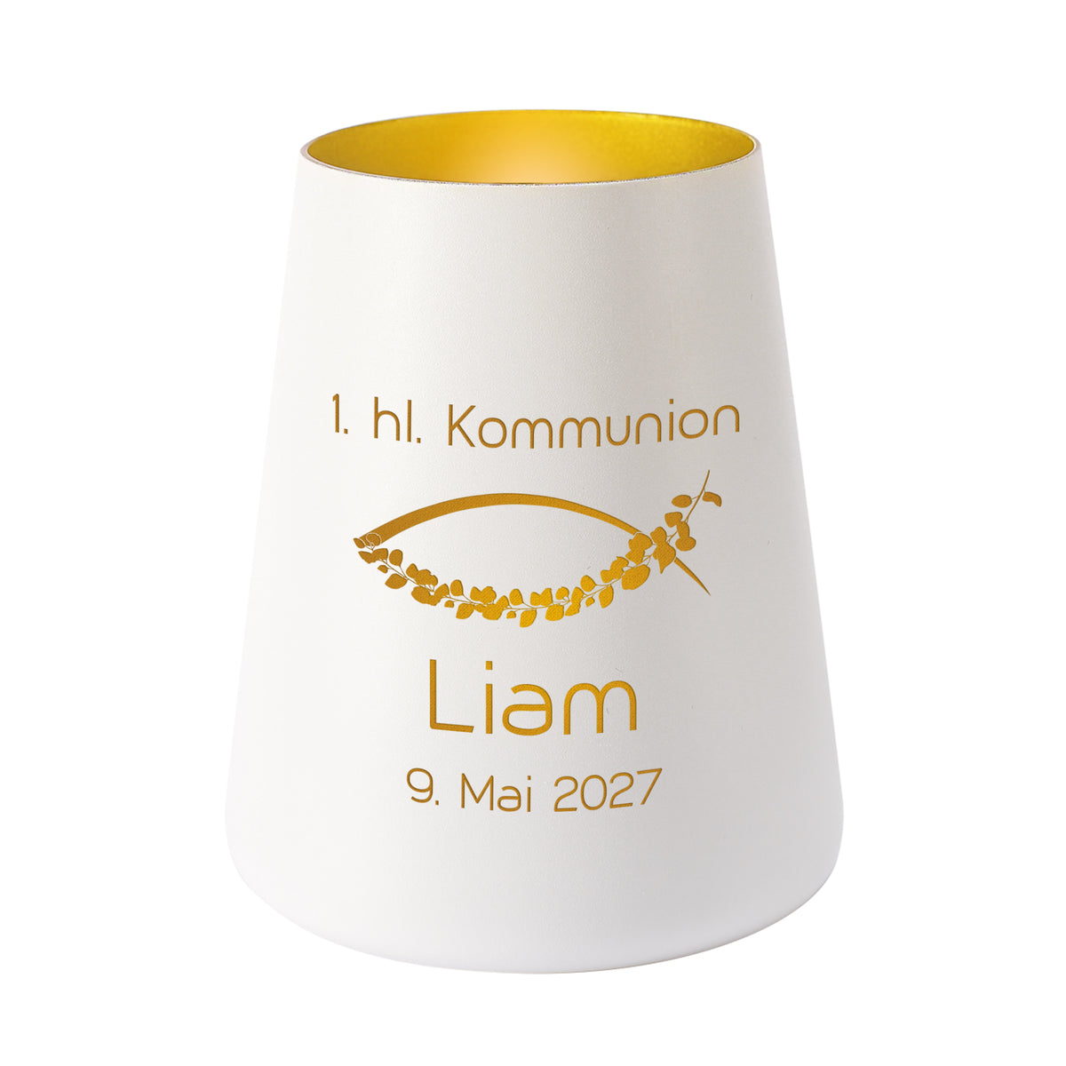 Personalisiertes weißes Windlicht mit goldfarbener Innenseite, Ichthys-Fischmotiv und Aufdruck zur 1. hl. Kommunion mit Name Liam und Datum