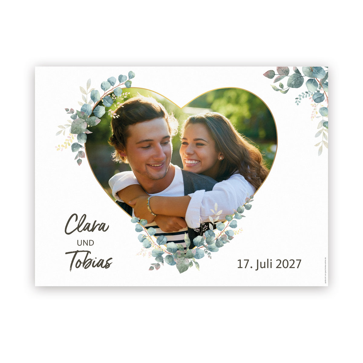 Hochzeitsbanner mit Herzfoto, Eukalyptus-Motiv, den Namen Clara und Tobias und dem Datum 17. Juli 2027