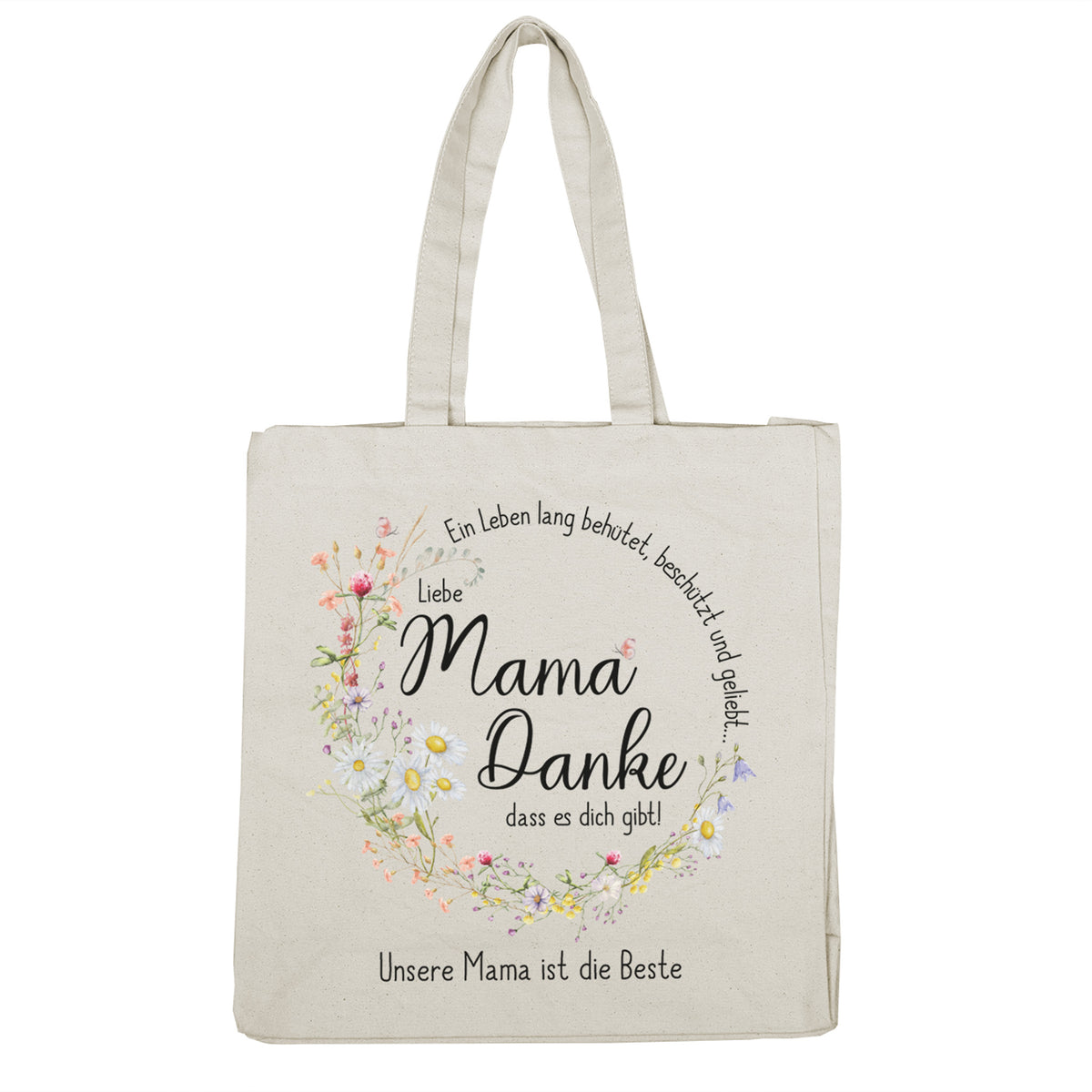 Baumwollbeutel mit Mama-Motiv – Natürliche Einkaufstasche aus 100 % Baumwolle mit liebevoll gestaltetem Blumenkranz und dem Spruch „Liebe Mama, danke, dass es dich gibt!“. Perfektes Geschenk zum Muttertag oder als Alltagsbegleiter.