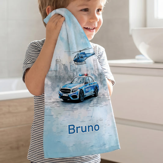 Handtuch mit Name und Polizei Motiv personalisiert für Kinder | Badetuch als Geschenk für Jungen