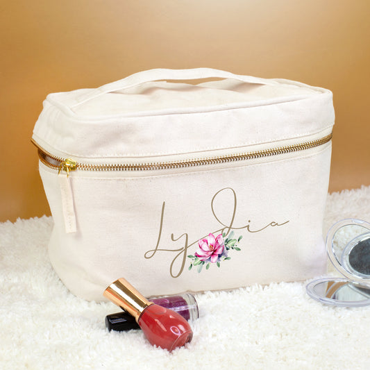 Personalisierter Kulturbeutel mit Namen Lydia, Blumenmotiv, Nagellack und Kosmetikspiegel