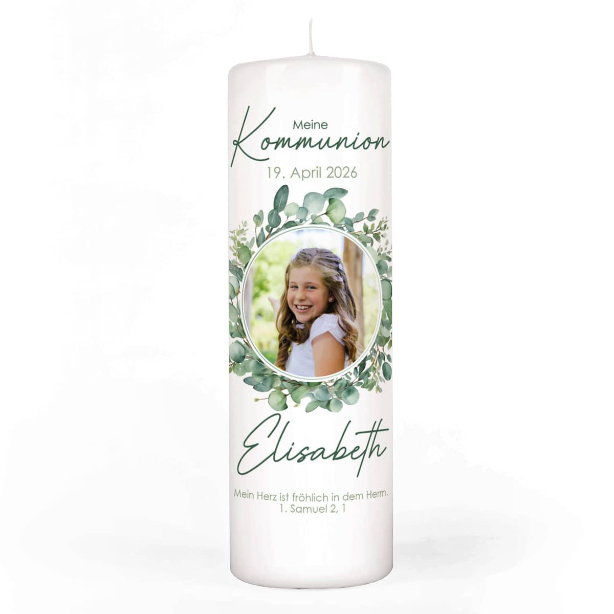 Kommunionkerze mit Foto, Eukalyptus, Name, Datum & Segenswunsch