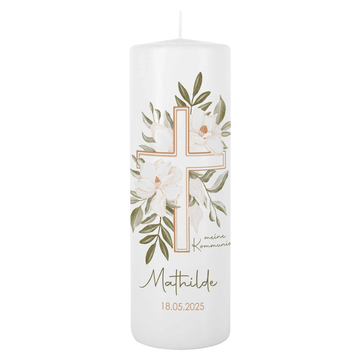 Kommunionkerze mit Kreuz und Blumenmotiv bedruckt