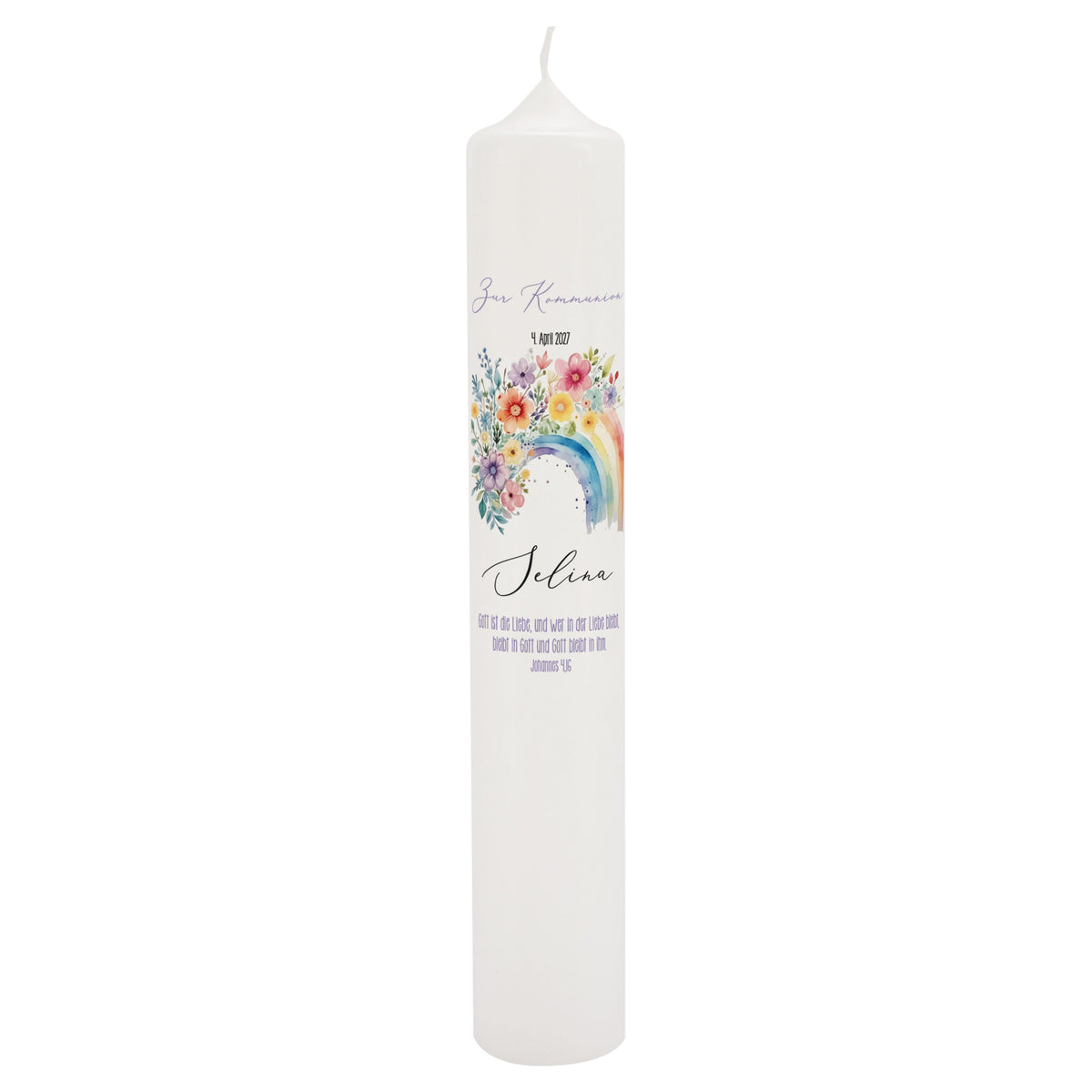 Detailansicht der XXL Kerze mit Regenbogen-Blumenmotiv und Schriftzug „Zur Kommunion“ sowie personalisiertem Namen