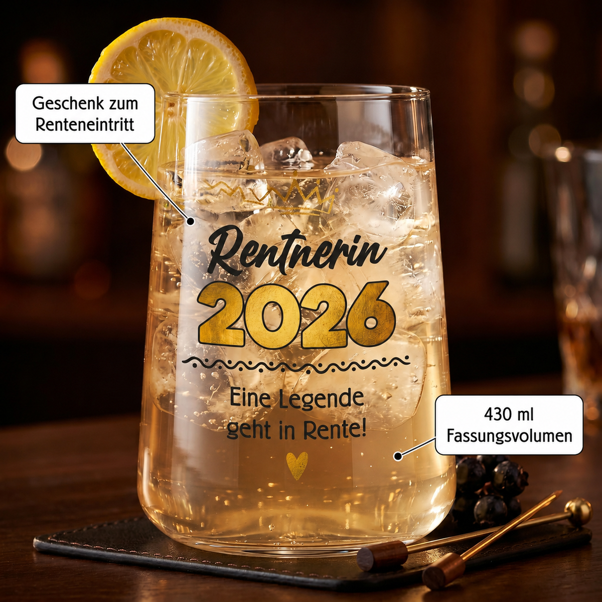 Wasserglas Rentnerin 2026 mit Zitronengetränk als Geschenk zum Renteneintritt