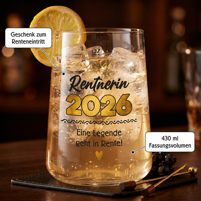 Wasserglas Rentnerin 2026 mit Zitronengetränk als Geschenk zum Renteneintritt