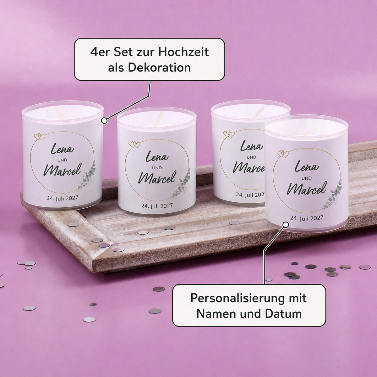 Romantisches Kerzenset zur Hochzeit mit Namen Lena und Marcel auf Holztablett