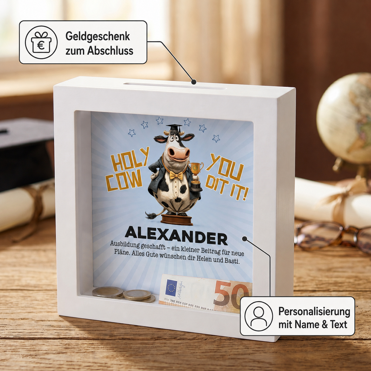 Personalisierte Bilderrahmen-Spardose mit Name Alexander als Geldgeschenk zur bestandenen Ausbildung